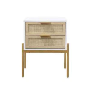 USA,Andrew 24 in. White and Rattan End or Side Table with Storage Doors, Gold Ac - Picture 1 of 7