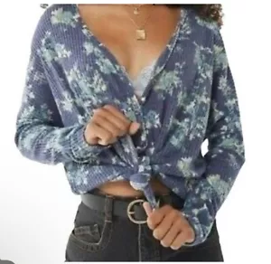 Out From Under Women's Cardigan Blue Watercolor Floral Long Sleeve Knot Front XL - Picture 1 of 9