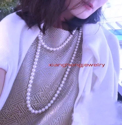 Collar largo brillo superior 48"9-10mm redondo REAL natural mar del sur blanco perlas 14K Foto 1 de 4