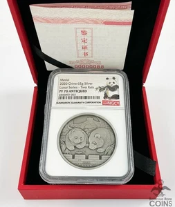 2020 China Lunar Series: Two Rats .999 Silver 62g PANDA Medal NGC PF70 Antiqued - Picture 1 of 6