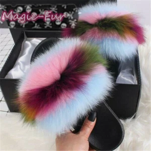 Real Fox Fur Slippers/Slides Popular Sandals Chic Women's Flat Shoes - Picture 1 of 55