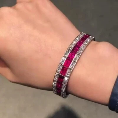 26 ctw Emerald Cut Created Ruby & Diamond 14K White Gold Plated Vintage Bracelet - Image 1 of 4