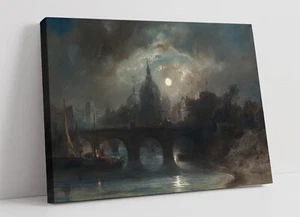 CAMILLE ROQUEPLAN, VIEW OF A CITY AT NIGHT -CANVAS WALL ARTWORK PICTURE PRINT - Picture 1 of 2