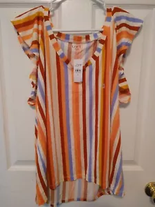 Loft Womens Blouse XL Striped Multicolor Flutter Sleeve Scoop Neckline Casual - Picture 1 of 5