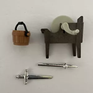 Vintage Geobra Playmobil Medieval Castle 2 Swords, Sharpening Wheel, and Bucket - Picture 1 of 2