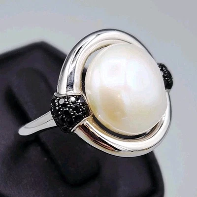 Honora Cultured 硬币珍珠黑色尖晶石纯银 925 戒指 尺寸 7 礼品盒 — 第 1/4 张图片