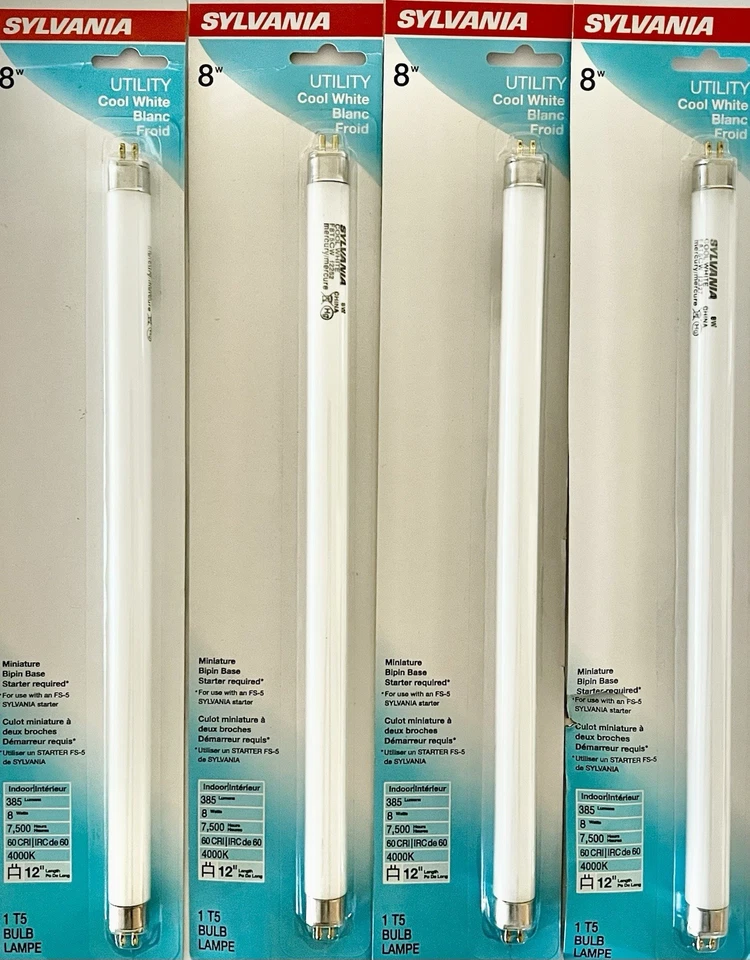4 Sylvania F8T5CW 8W Utility Cool White Fluorescent Tube Bi pin 12" Light Bulb - Image 1 of 4