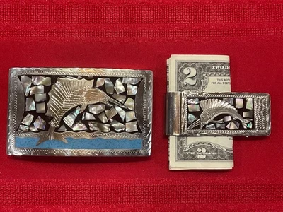 Hebilla de cinturón de plata esterlina pez espada marlín y clip para dinero abulón turquesa Foto 1 de 4