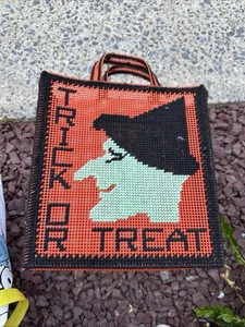 Vintage Trick-Or-Treat Halloween Plastic Canvas Tote Witch Orange & Black 🎃 - Picture 1 of 7