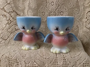 Vintage 2 Posten Eierbecher anthropomorphe Bluebirds Lefton? Kitschige Küche - Bild 1 von 6