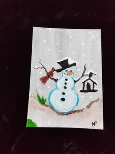 Frosty Snowman CARDINAL Christmas PAINTING art TRADING CARD ACEO red bird house - Picture 1 of 4
