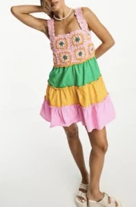 ASOS DESIGN crochet tiered mini sundress pink orange green size 12 - Picture 1 of 13