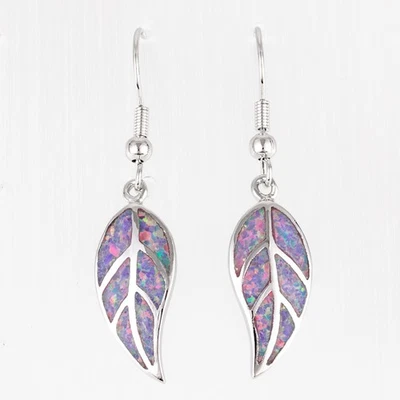 Nature Leaf Shape Lavender Purple Fire Opal Silver Jewelry Dangle Drop Earrings - Image 1 of 4