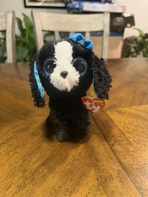 TY Beanie Boos TRACEY 狗毛绒蓝色闪光眼睛 6 英寸填充动物带标签 — 第 1/3 张图片
