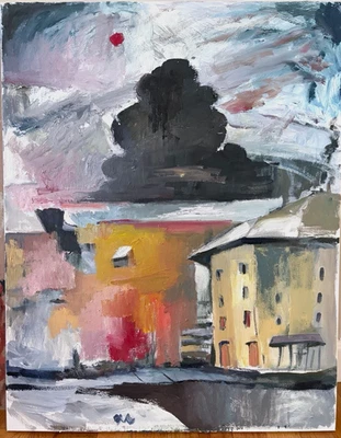 Сюрреализм картина маслом на холсте 22 «x 28» зимний пейзаж с облаком оригинал - Изображение 1 из 3