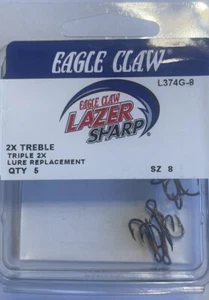 Eagle Claw Lazer Sharp 2X Treble Size 8 2 10 2/0 Qty 5 Needle Point Select Size - Picture 1 of 8