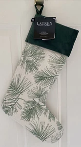 Lauren Ralph Lauren Christmas Stocking Cream Green Pine Sprigs 10 x 20 Washable - Picture 1 of 4