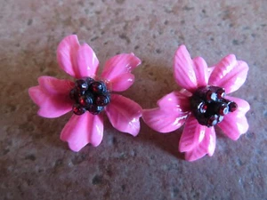 Vintage MCM Original 1960's Enamel Flower Hot Pink Earrings w/Red Rhinestones - Picture 1 of 4