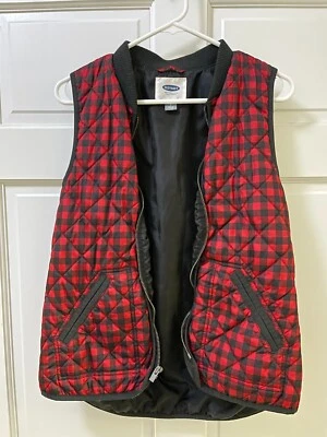 Women's Old Navy Small Red and Black Plaid Puffer Vest - Image 1 of 4