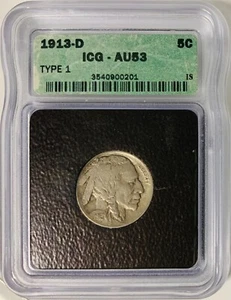 1913-D Buffalo Nickel 5c ICG AU53- Type 1 - Picture 1 of 2