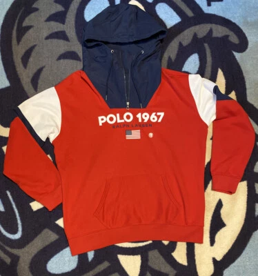 Polo 1967 Ralph Lauren Polo Fleece Hoodie Red White Blue American Flag Men Large - Image 1 of 4