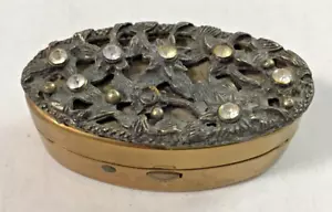 Vintage Gold Tone NY Oval Jeweled Filigree Pill Trinket Box 2 1/4" x 1 1/8" - Picture 1 of 11