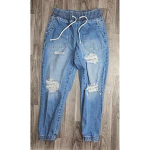 Celebrity Pink Womens Size Small Pull On Drawstring Distressed Denim Blue Jeans - Picture 1 of 11