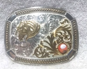 Montana Silversmiths Buckle Horse Head Gold Swirl Corner Stone Fully Engraved - Picture 1 of 10