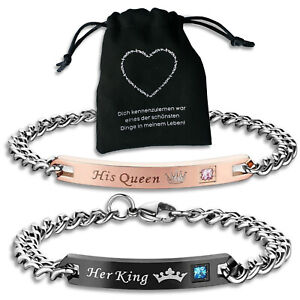 2x Her King & His Queen Partner Armband Geschenk Paar Couple Liebe Kette Gravur