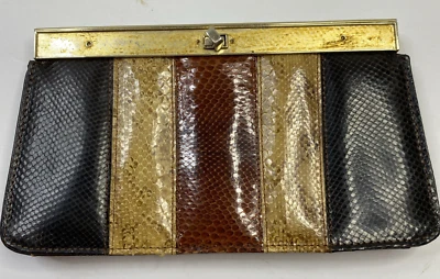 De Colección Marrón Negro Rayas Piel de Serpiente Cuero Bolso sin asas Sobre Cartera Elegante Años 80 Lujo Foto 1 de 4