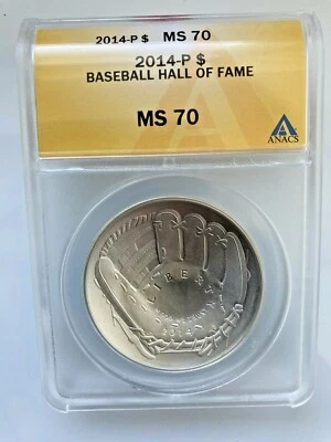 2014 P $1 NAT'L BASEBALL HOF PROOF SILVER DOLLAR, ANACS CERT MS 70 - Image 1 of 4