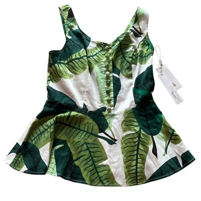 Bella Pogue Women's M Peplum Tank Top Tropical Leaves Summer Resort Cotton Blend - Image 1 of 4
