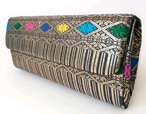 Vtg 100% Thai Silk Clutch Hand Woven Gold & Multicolor Women's Purse Handbag - Picture 1 of 6