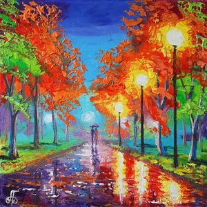 Impressionist Oil Painting Rainy Park Alley Night Lights Reflections Couple Gift - Picture 1 of 24