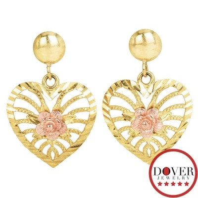 Estate 10K Multi Tone Gold Textured Open Floral Heart Dangle Earrings 1.2 Gr NR - Image 1 of 4