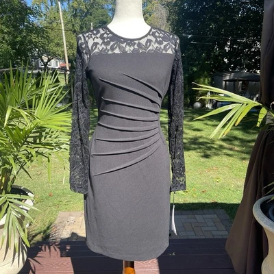 Черное платье Ivanka Trump размер 4 сбоку собранное в Рюш складка кружевное с длинным рукавом - Изображение 1 из 4