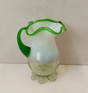 Antique c1890 Stourbridge Green & White Opaline Vaseline Glass Milk / Cream Jug - Picture 1 of 7