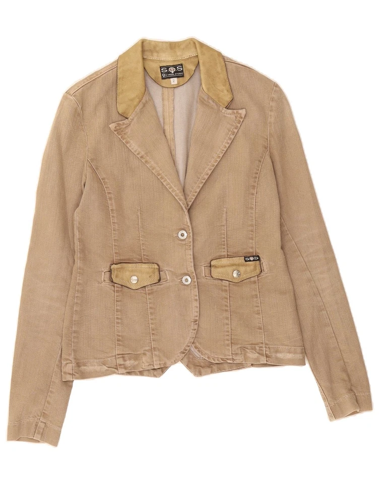 Chaqueta Blazer SOS Mujer Denim 2 Botones Reino Unido 10 Pequeña Beige Algodón CQ03 Foto 1 de 3