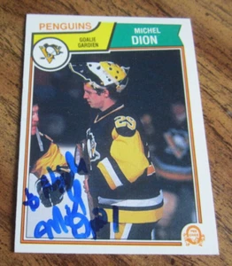 Michel Dion autografo firmato 1983-84 O-Pee-Chee #279 Trading Card NHL Penguins - Foto 1 di 3