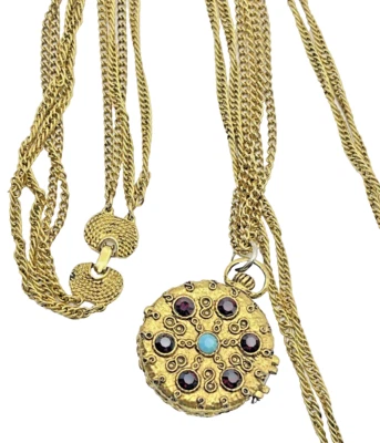 Gold-Plated Trinket Case/ Locket Necklace with Synthetic Garnet / Turquoise - Image 1 of 4