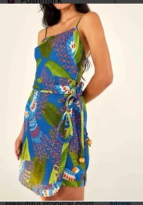 Farm Rio Mini Wickelkleid klein blau Ara Print 100% Leinen Neu mit Etikett bunt tropisch - Bild 1 von 8