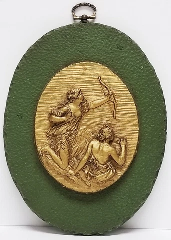 Vintage Green Textured Stone Figural Gilt Plaque Oval Shaped Wall Hanging 8" x 6 Cover