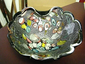 8.5" Vintage 60s Murano Bowl Tutti Frutti Black Amethyst Silver Flake Glass - Picture 1 of 8