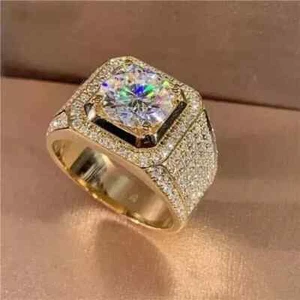 3 Ct Round-Cut Lab Created Diamond Men's Engagement Ring 14K Yellow Gold Plated - Picture 1 of 5