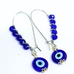 Handmade Evil Eye & Blue Crystal Bead Earrings | Protection Jewelry | Kidney Wir - Picture 1 of 2