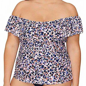 Island Escape Tankini Top Women 20W La Flor Abstract-Print Swim Montego Bay Pink - Picture 1 of 10