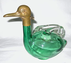 1940's Antique Green Glass Duck Decanter with Brass Head - Vintage! FREE S&H - Picture 1 of 12