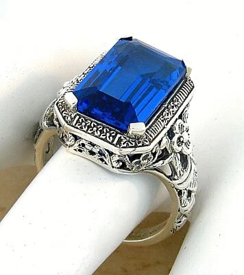 ANILLO DECO ESTILO ANTIGUO PLATA ESTERLINA 925 8 CT SIM LONDRES TOPACIO AZUL 052Z Foto 1 de 3