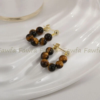 Aretes colgantes de oro con cuentas redondas de piedras preciosas ojo de tigre amarillo natural de 6 mm Foto 1 de 4