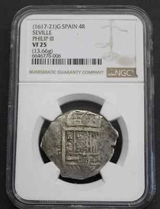 1617-21 SEVILLA 4 REALES NGC VF25 FELIPE III ENSAYADOR G MACUQUINA PLATA COB - Imagen 1 de 4